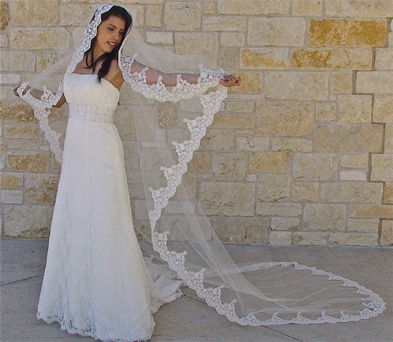 Ivory Mantilla lace veil CATHEDRAL length with blusher handmade wedding 