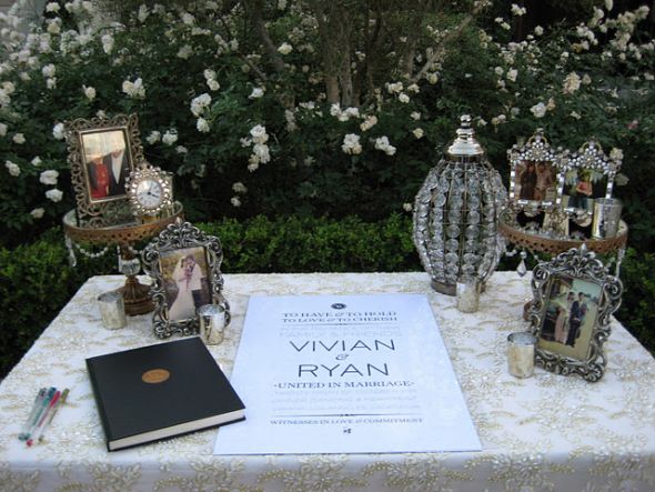 Our wedding I designed w/ a vintage inspiration : wedding vintage antiques crystal lights lace frames cake stand cupcake dessert candelabra apothecary jar sign in table gold black vibiana los angeles design rehab macaroon vanilla bake shop book mercury votives gold platter IMG 6979