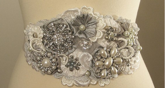 Lace & crystal brooch: white, ivory, silver & pearl bridal sash belt :  wedding sash belt white ivory silver bridesmaids engagement dress diy jewelry Belt
