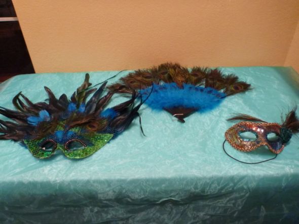 2 peacock masks and 1 peacock fan 2000 for all 3 Peacock Wedding Items