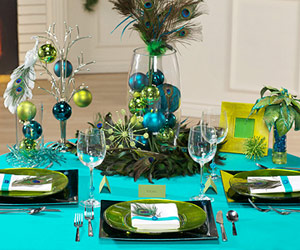Peacocks in Winter :  wedding christmas ornament peacock winter evening teal lime green aqua gold Ss 1 Peacocktable 2