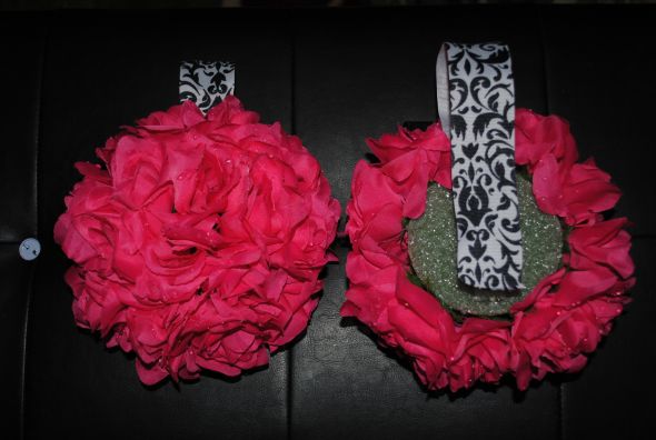 Hand Made Hot Pink Rose and Black and White Damask Pew Decorations Set of