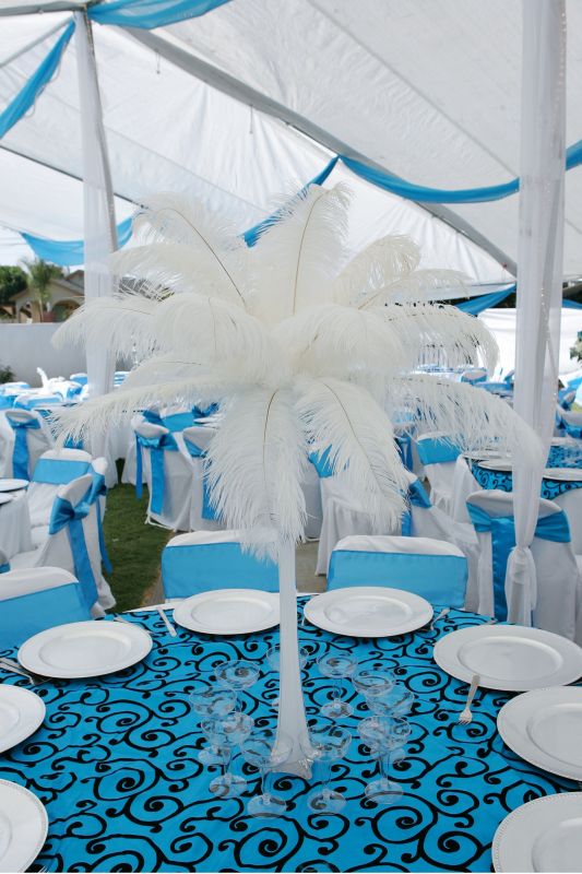  damask table overlays and ostrichfeather centerpieces wedding 