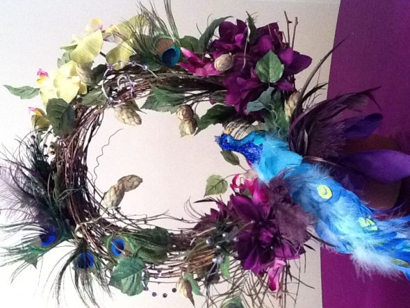 table wreath with peacock and swarvoski crystal swirls TONS of wedding decor