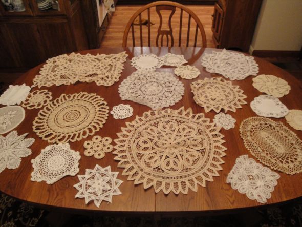 Lace Pattern Crochet and Linen Doilies VINTAGE RUSTIC CHIC wedding 