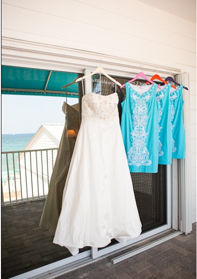 My wedding dress with the BM's dresses :) :  wedding pink ivory bridesmaids dress Hanger