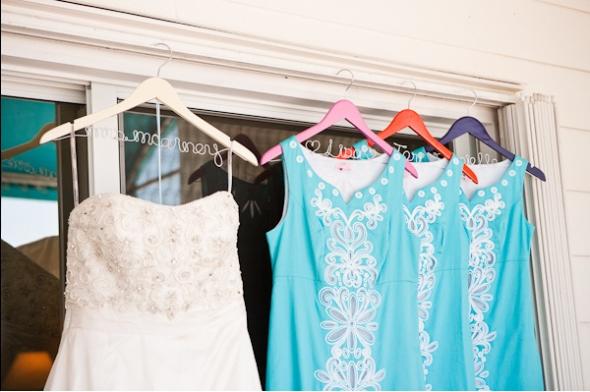 My wedding dress with the BM's dresses :) :  wedding pink ivory bridesmaids dress Hanger 2