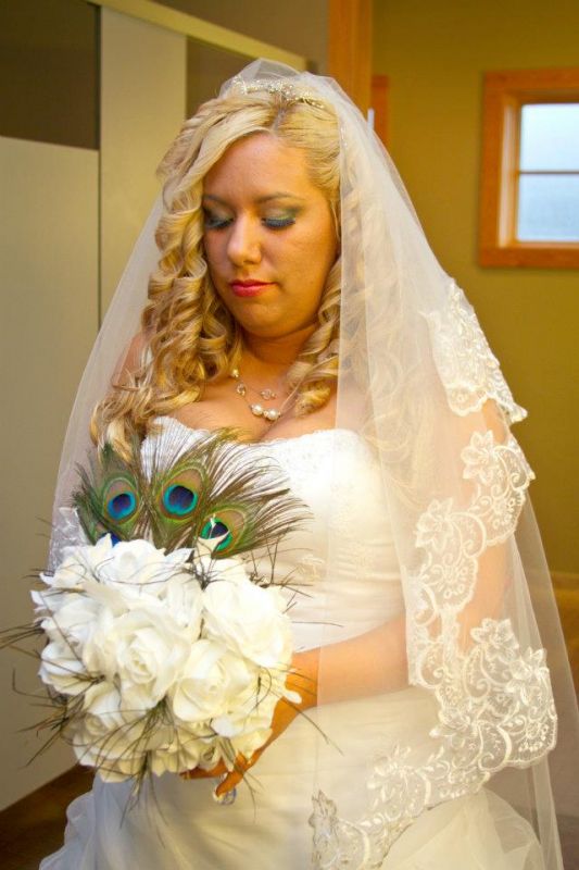 my bouquet wedding peacock feathers roses teal brown green white ivory 