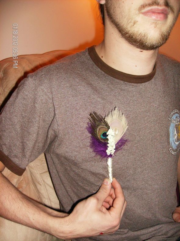 Peacock Feather Boutonnieres! :  wedding boutonniere groomsmen diy peacock feather purple green accessories teal HPIM3649