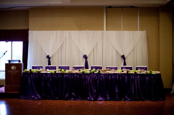 Front view of the head table with back drop Purple Birch Wedding THE 