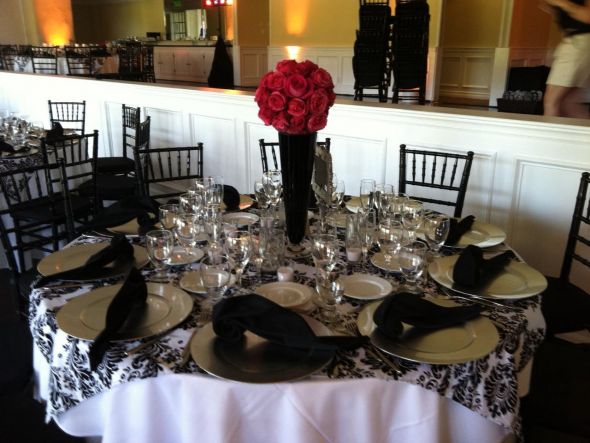 Silver Chargers and White and Black Damask Overlays wedding chargers
