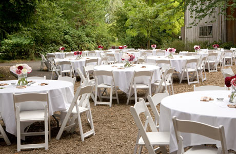 Square or Round Tables wedding Round Tables With White Linens On Bark 