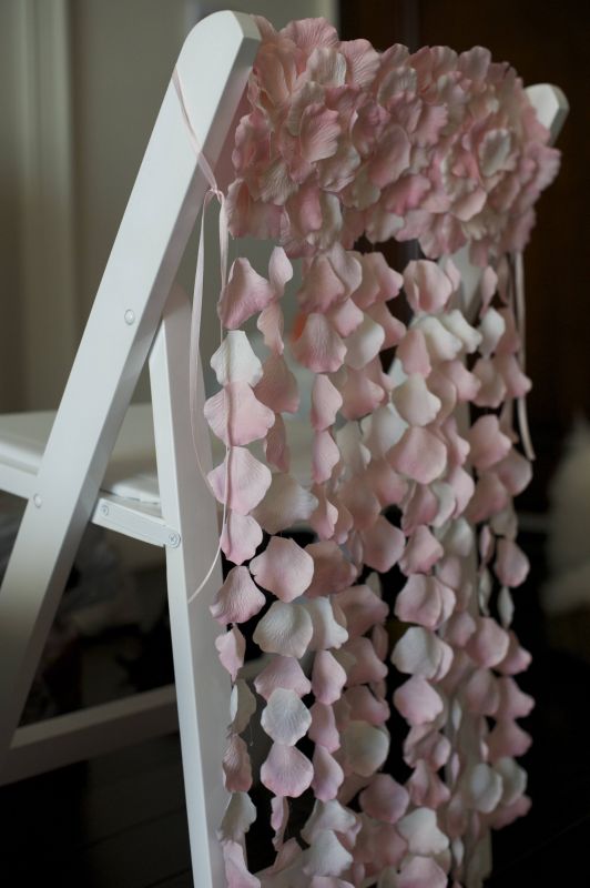 DIY Petal Decorations~So Pretty! :  wedding petals reception decoration balloon covers chair covers chandelier centerpieces teal pink white ivory reception Petal Chair Cover