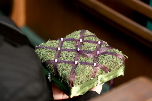 Moss covered ring pillow, purple ribbon, $5 :  wedding diy moss ring pillow green purple rustic inspiration ceremony Ring Pillow