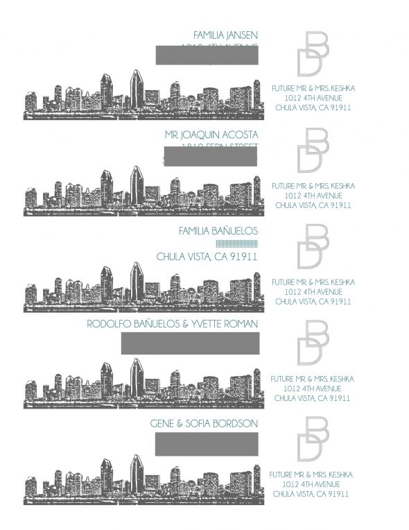 San Diego Skyline Modern Invitations :  wedding diy invitations modern skyline teal white Envelope Wrap Around 1