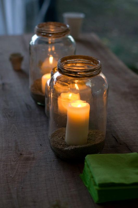 Centerpieces Wrapped jar candle holdersRusticRomantic Barn wedding 