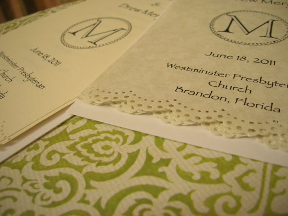 Lacey Monogrammed Program wedding programs ribbon lacey monogram green 