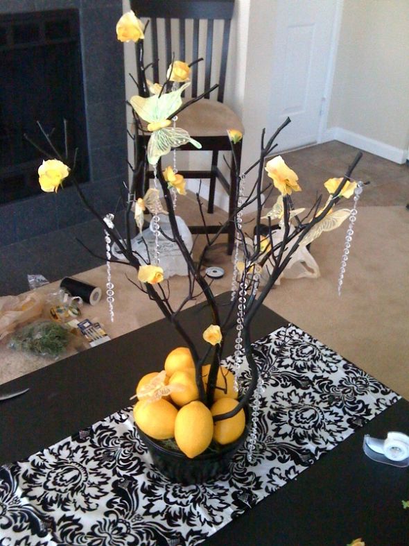 black and yellow manzanita crystal centerpieces damask runners and pompoms 