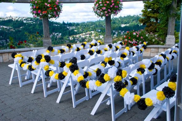 black and yellow manzanita crystal centerpieces damask runners and pompoms 