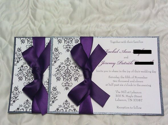 wedding invitations custom damask design purple ivory silver Rachel2
