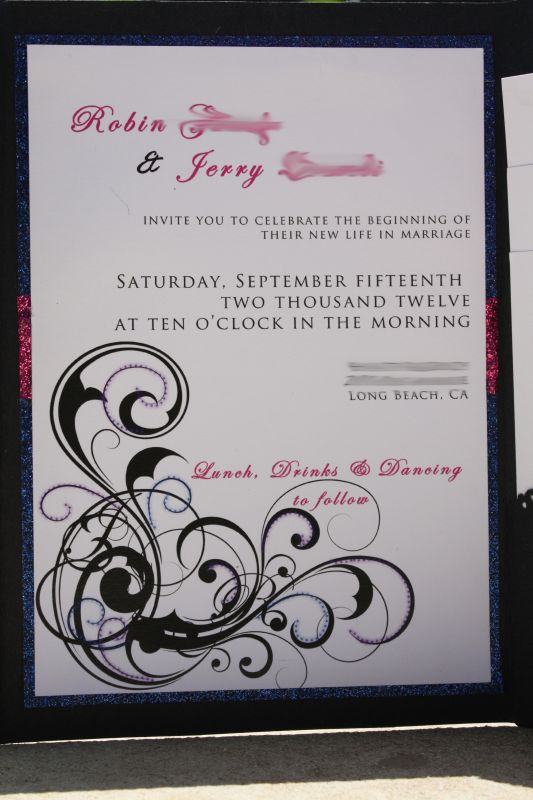 My completely DIY finished invitations :oD! :  wedding 2012 1 blue diy glitter invitations invites pink purple september stationary swirls InviteWB2 wedding diy invite invitations pink blue purple swirls september wedding paper black InviteWB2 