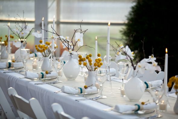 What to put in milk glass centerpieces? :  wedding milk glass centerpieces Modern Yellow White Wedding Tabletop