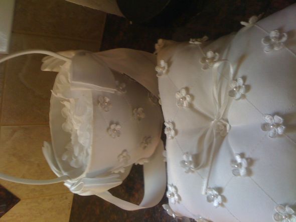 Flower girl basket and matching ring barer pillow with flowers white 25 