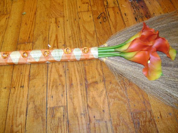 sheer ribbon bottons and DIY Broom wedding brooms gold orange