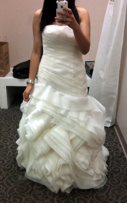 White by Vera Wang VW351011 - Bustled and Hemmed with Pics :  wedding vera wang white by vera wang vw351011 bustle strapless white vera wang beach wedding dress organza wedding dress Alter10