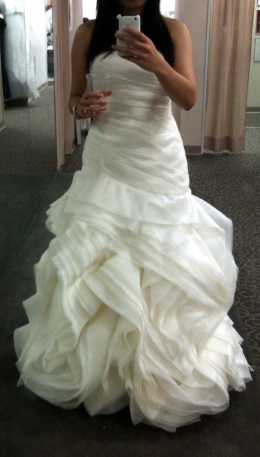 White by Vera Wang VW351011 - Bustled and Hemmed with Pics :  wedding vera wang white by vera wang vw351011 bustle strapless white vera wang beach wedding dress organza wedding dress Front   1