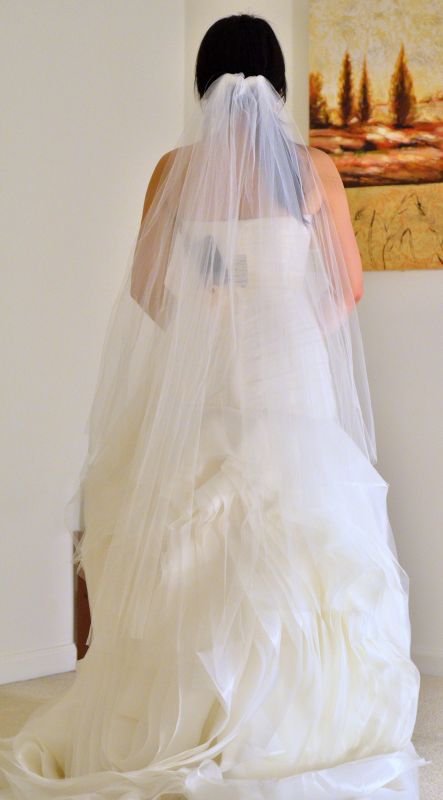 White by Vera Wang VW351011 - Bustled and Hemmed with Pics : wedding vera wang white by vera wang vw351011 bustle strapless white vera wang beach wedding dress organza wedding dress Back Dress Crop