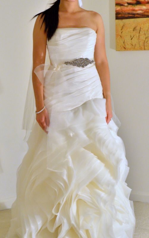 White by Vera Wang VW351011 - Bustled and Hemmed with Pics : wedding vera wang white by vera wang vw351011 bustle strapless white vera wang beach wedding dress organza wedding dress Crop Dress