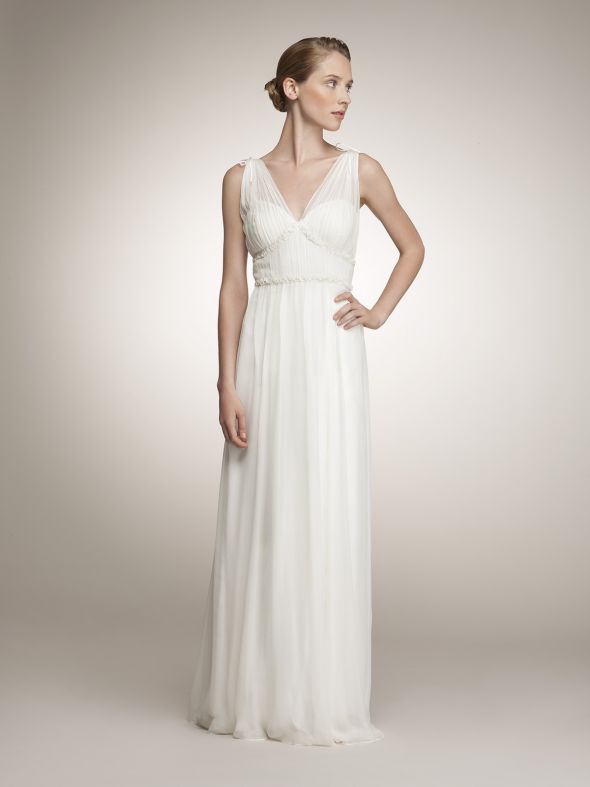Jenny Yoo's Genevieve wedding gown is an antiqued white silk crinkle chiffon
