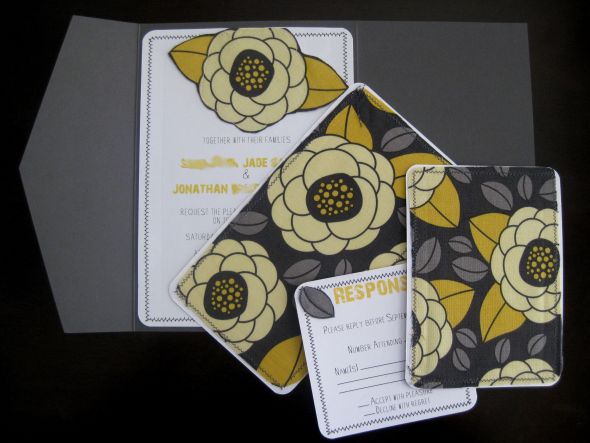 Yellow Gray Fabric Pocketfold Invitations wedding fabric invitations 