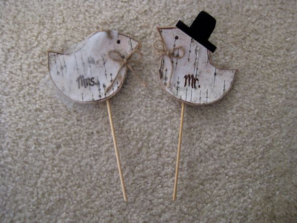 2 love bird cake toppers made from birch bark They say Mr and Mrs 