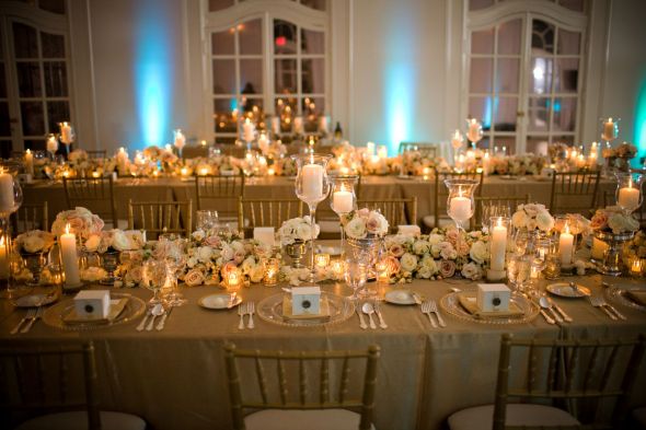 reception table centerpeices wedding teal blue gold ivory bouquet flowers 