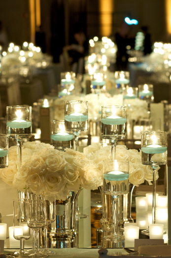 reception table centerpeices wedding teal blue gold ivory bouquet flowers 