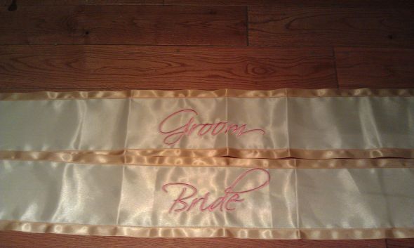 Bride Groom Chair Sashes Ivory background gold border pink lettering 