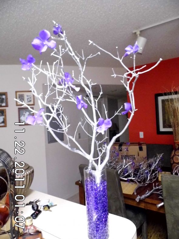 silver manzanita branches :  wedding purple silver reception 417