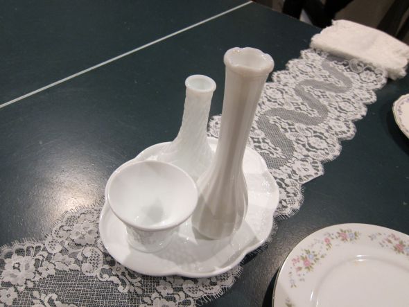 White/Milk Glass Centerpieces :  wedding centerpieces white milk glass vases ideas help dishes tulips Centerpiece