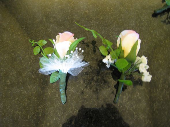 Beautiful, bridal party bouquets and boutineers - all for $90 :  wedding bouquet boutineers pink roses flowers ivory bridesmaids ceremony Boutineers
