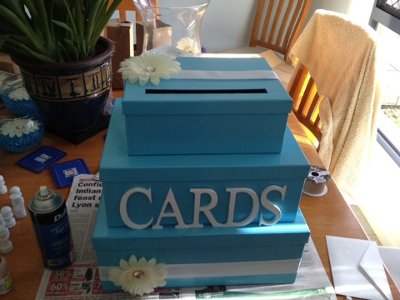 Blue white gerbera Cardbox wedding carbox teal blue white ivory diy Card 