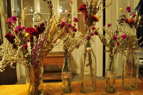 I 39m going with milk glass vases jars etc with dried wildflowers thanks to