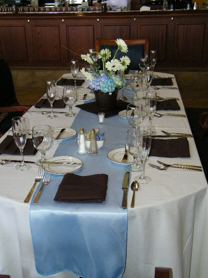  blue and dark brown table satin linens wedding reception Table Setting