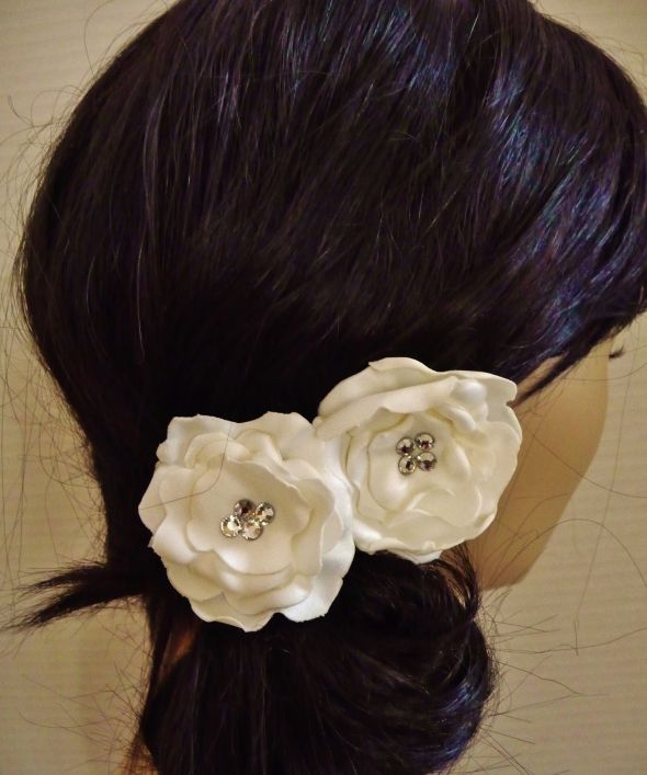 TWO Swarovski Ivory Satin Tea Rose Bridal Hair Pins