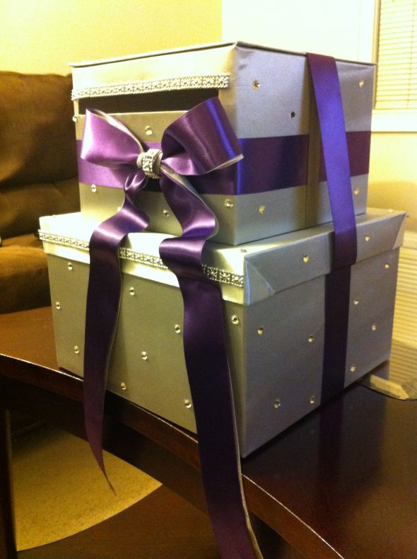 Silver Purple Money Card Box with Rhinestones wedding silverpurple money