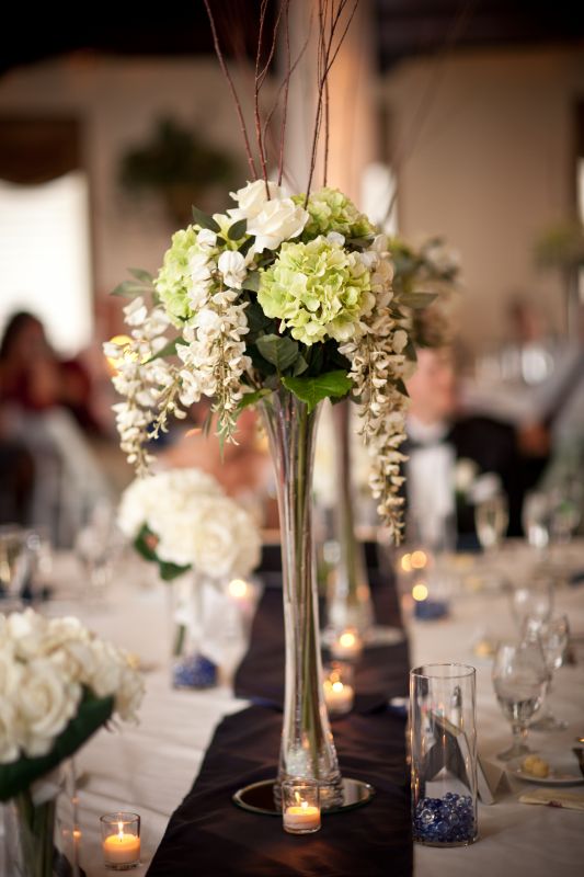 12 Tall Beautiful Centerpieces wedding navy green white flowers reception 