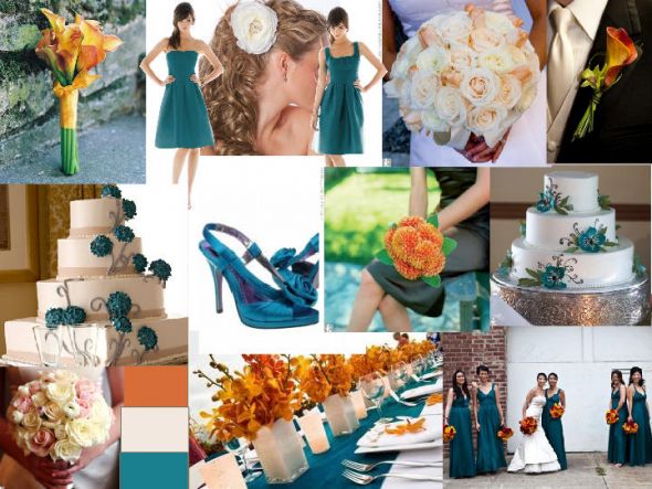 My wedding colors are Teal Orange Lots of white and touches of brown