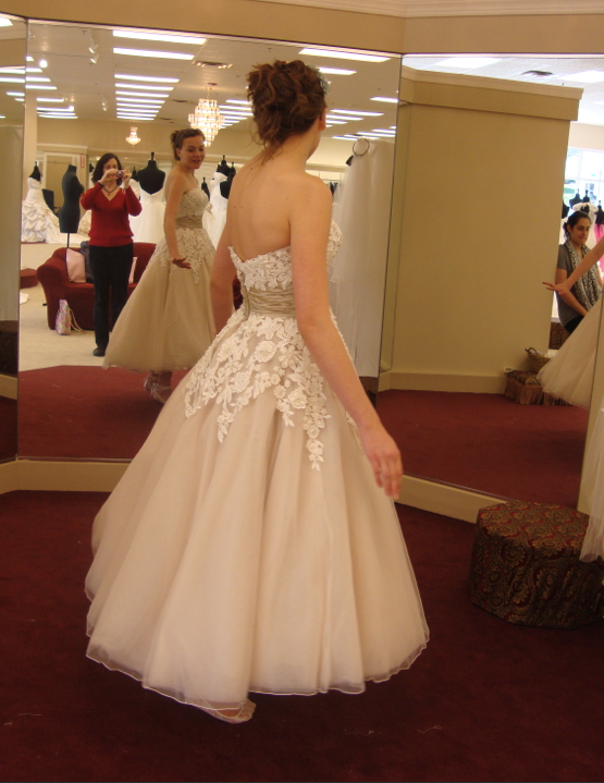 First Dress Fitting!! So excited! :  wedding dress fitting justin alexander tea length Side View