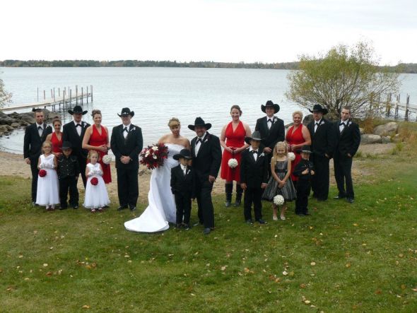 Only 3 freak out moments - so I would say it was a success! Non Pro Pic Heavy :  wedding red white silver redneck black country lace tent water Bridal Party